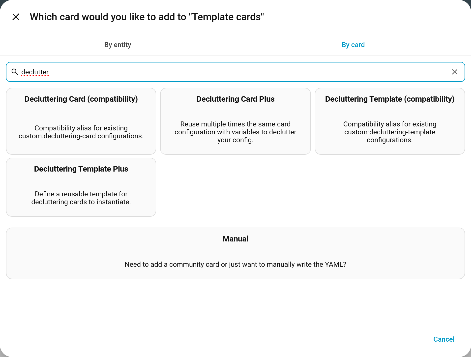 The card picker showing all four registered card types