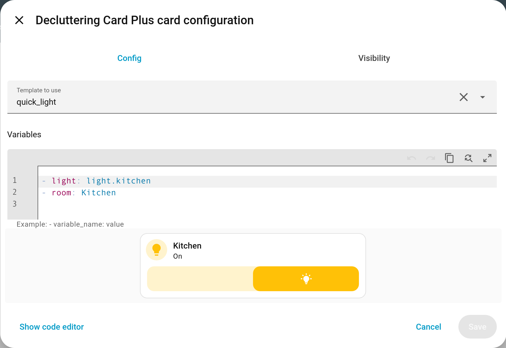 The Decluttering Card Plus editor: template dropdown, variables, live preview
