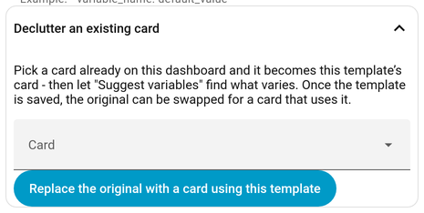 The Declutter an existing card panel, with a card picker and a replace button