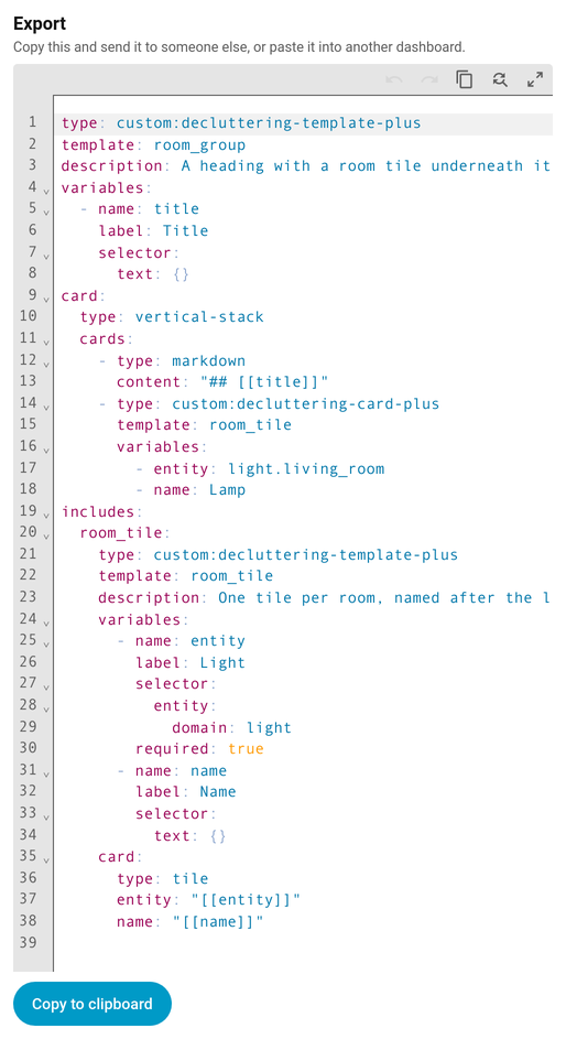 The Share tab export box, with the called template carried under includes