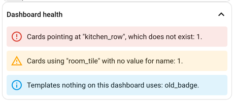 The health panel listing a missing template, an unset variable and an unused template