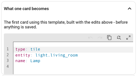 The panel showing the YAML of the first card built from the template