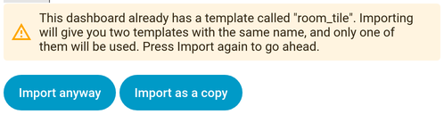 The import warning about a name clash, offering Import anyway or Import as a copy