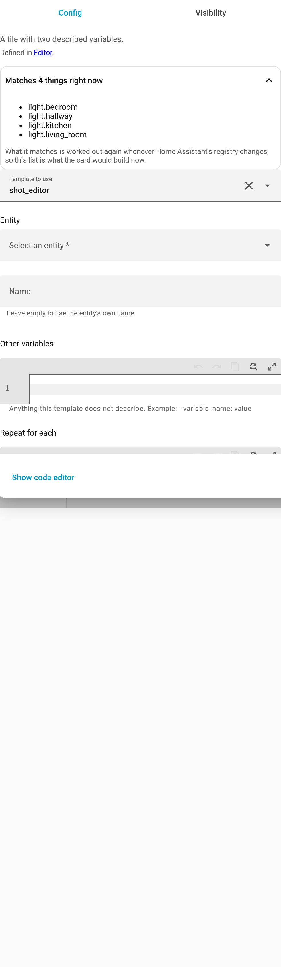 The card editor showing what a registry repeat matches