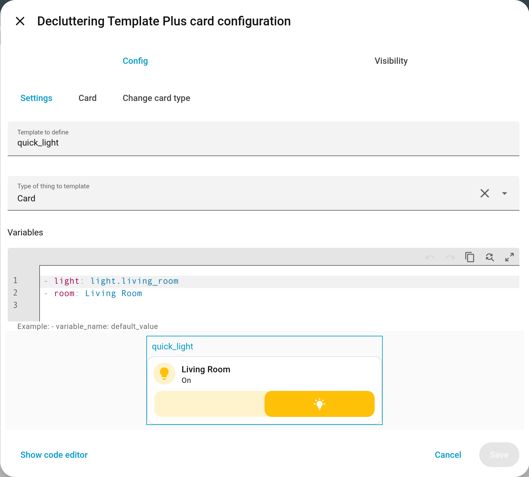 The template editor Settings tab, with a live preview underneath