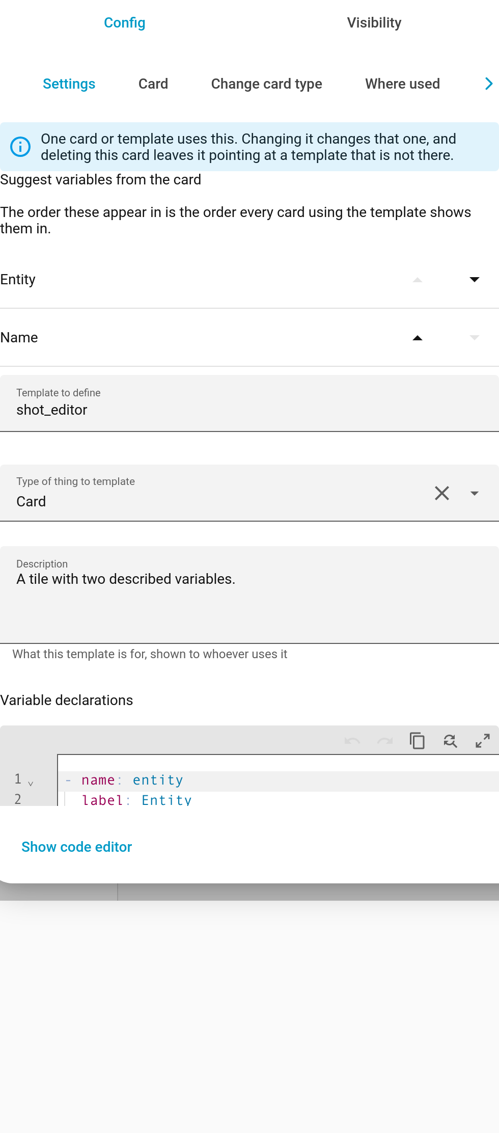 The settings tab warning that other cards use this template, with buttons to reorder its variables