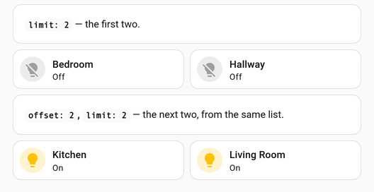 Two cards, the first showing two lights and the second the next two from the same list