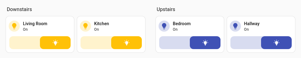 Two sections of the same lamp tiles, amber downstairs and indigo upstairs