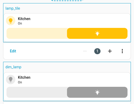 Two template cards in edit mode: lamp_tile in amber, and dim_lamp, which only says extends and a colour, previewing as the full tile in grey