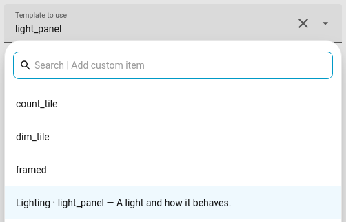 The template picker listing Lighting · light_panel with its description, beside templates with no category
