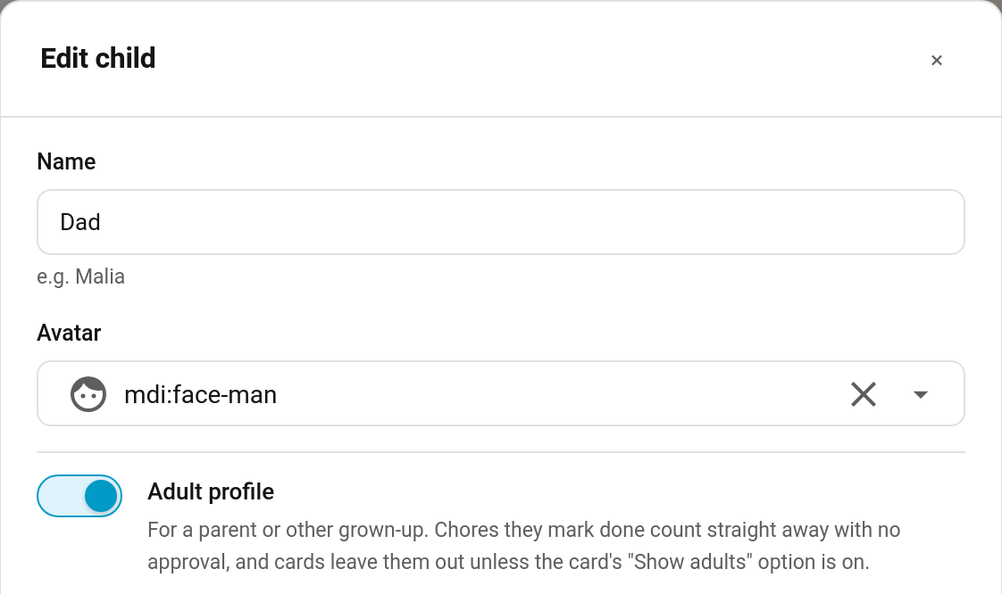 The Adult profile switch in the child dialog