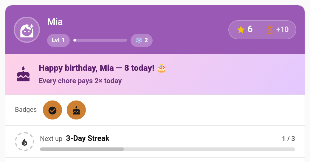 A child card on the child's birthday, with the birthday banner and the Birthday badge