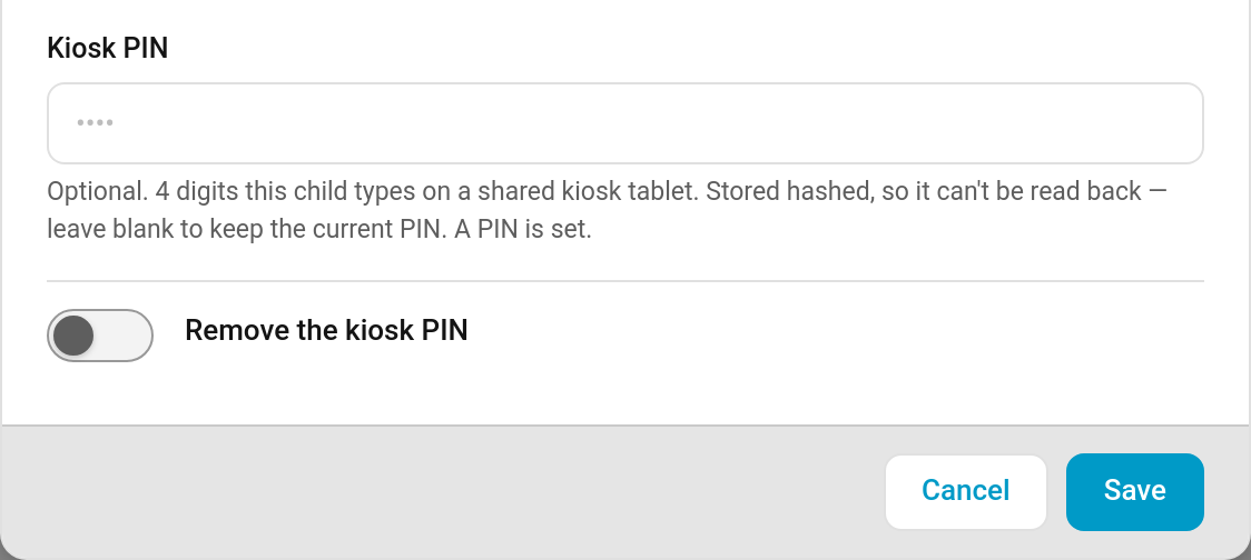 The Kiosk PIN field in the child editor