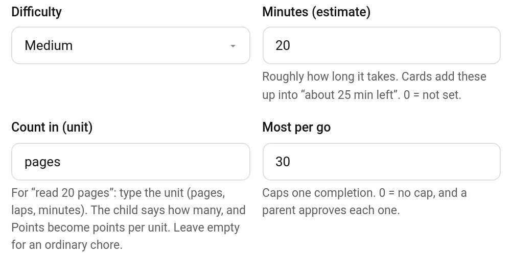 Minutes (estimate) in the chore editor