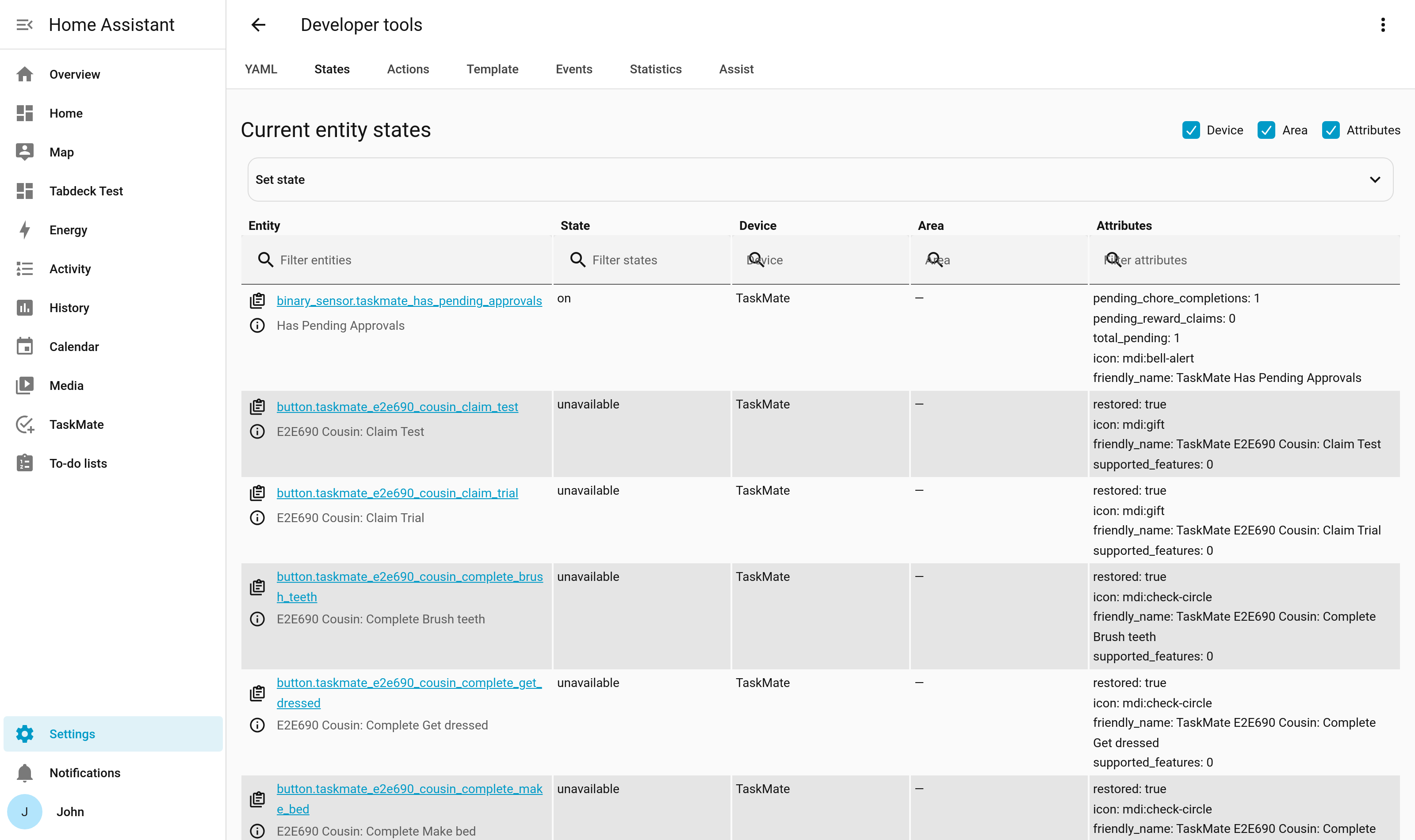 TaskMate entities in Developer Tools → States