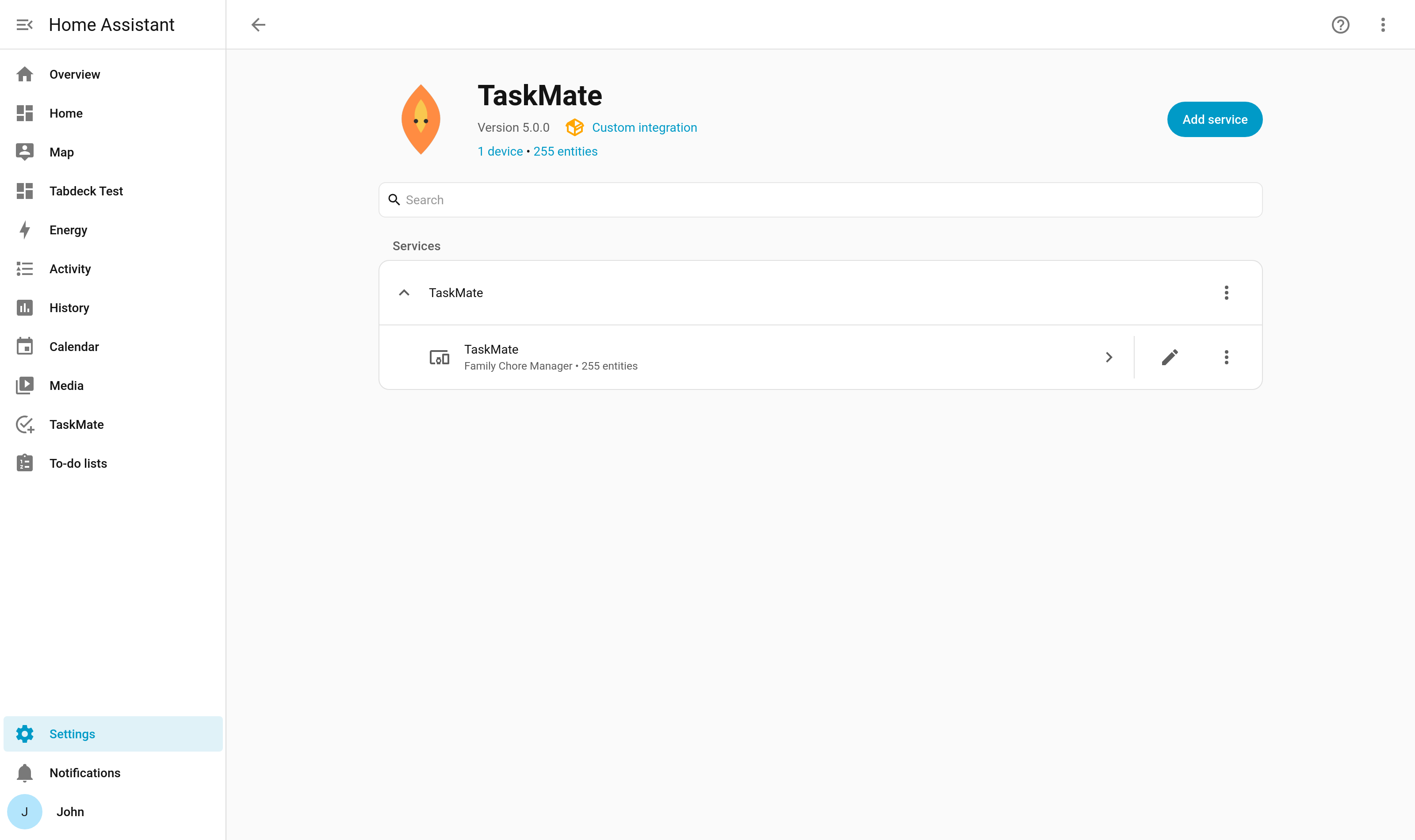 TaskMate installed, shown on its Home Assistant integration page