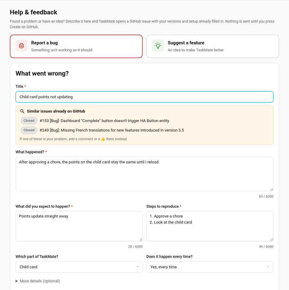 The Help & feedback page with a bug report filled in