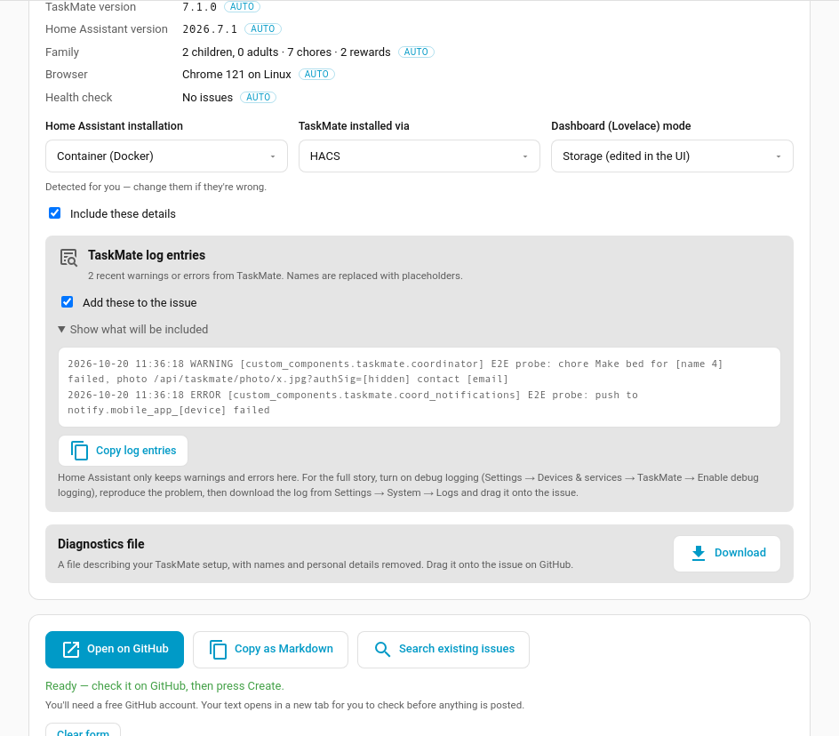 Setup details, TaskMate log entries and the diagnostics file