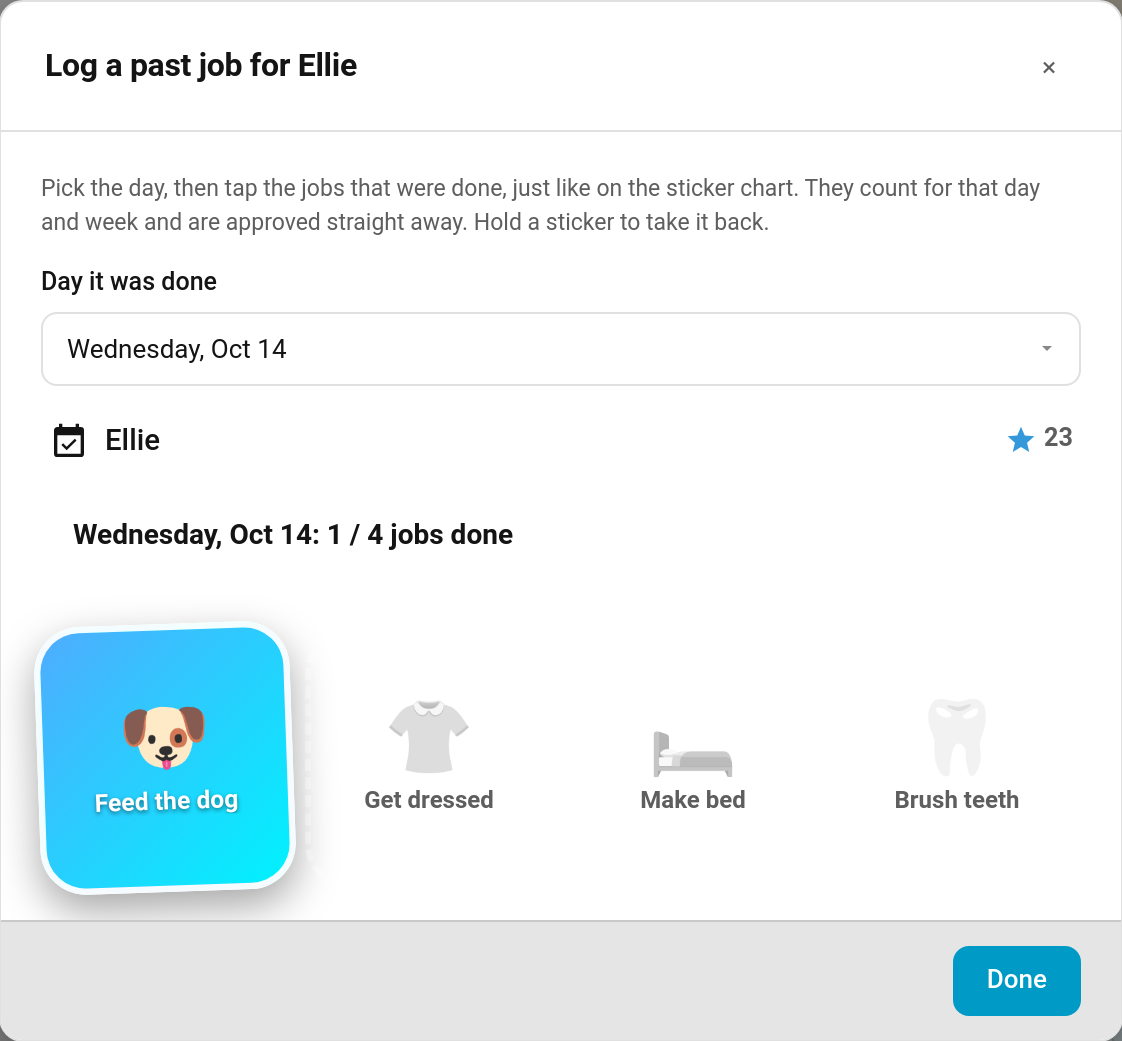 Logging a past job for a child from the admin panel