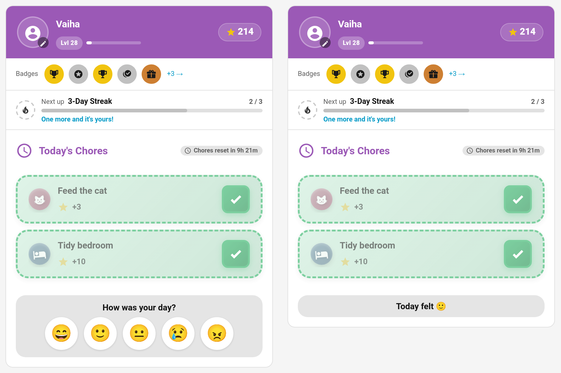 The mood check-in on the child card, before and after the child answers