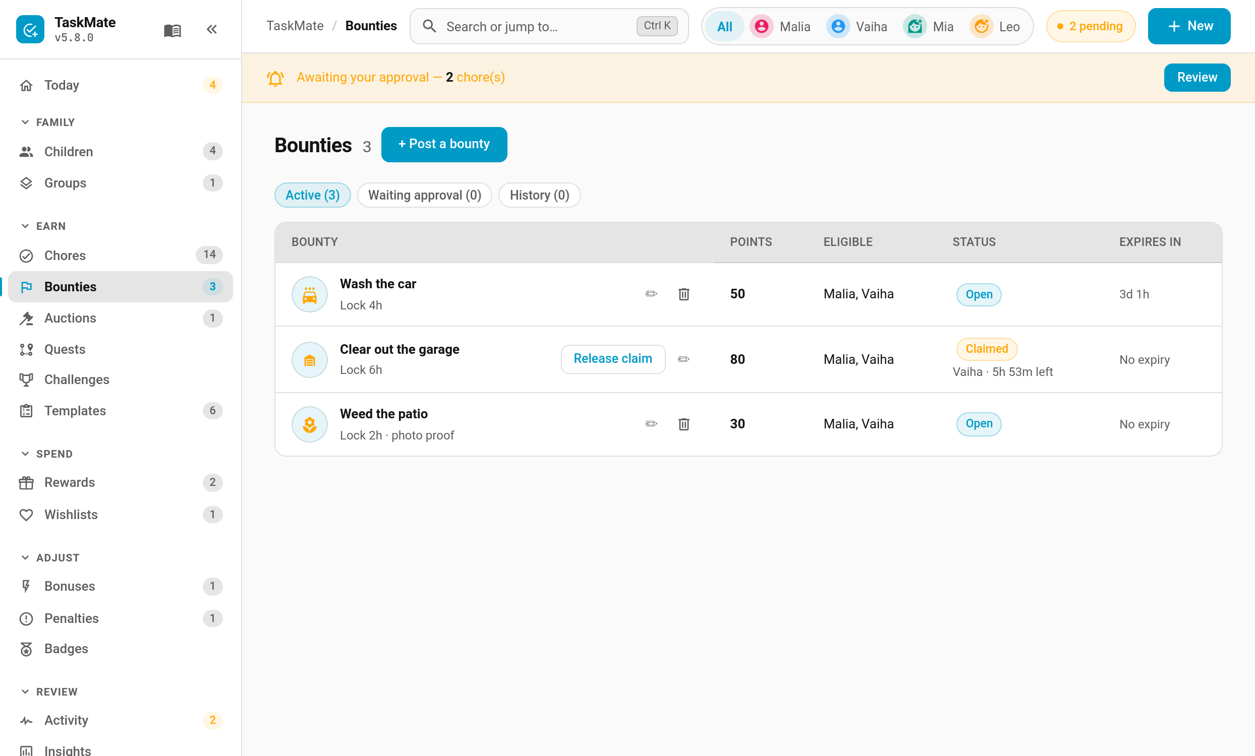 The Bounties page in the TaskMate panel