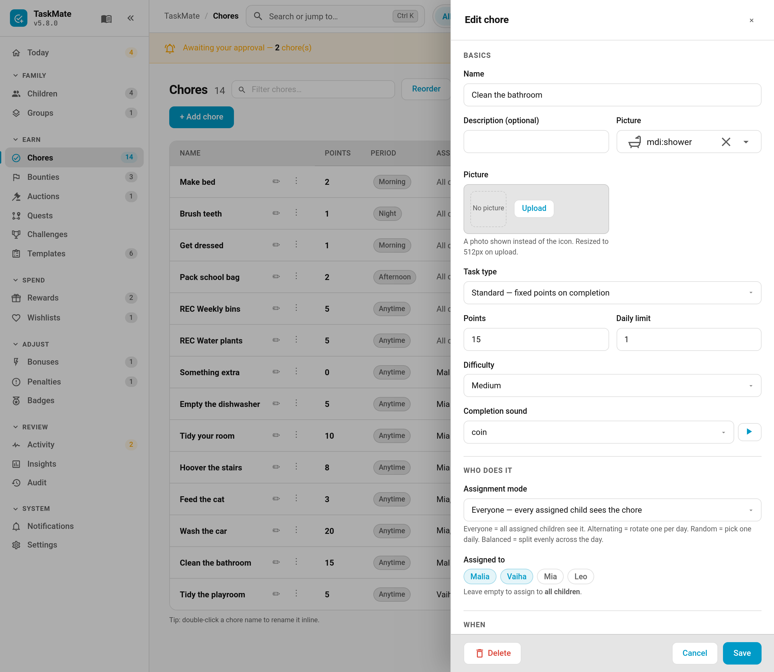 The chore editor side panel