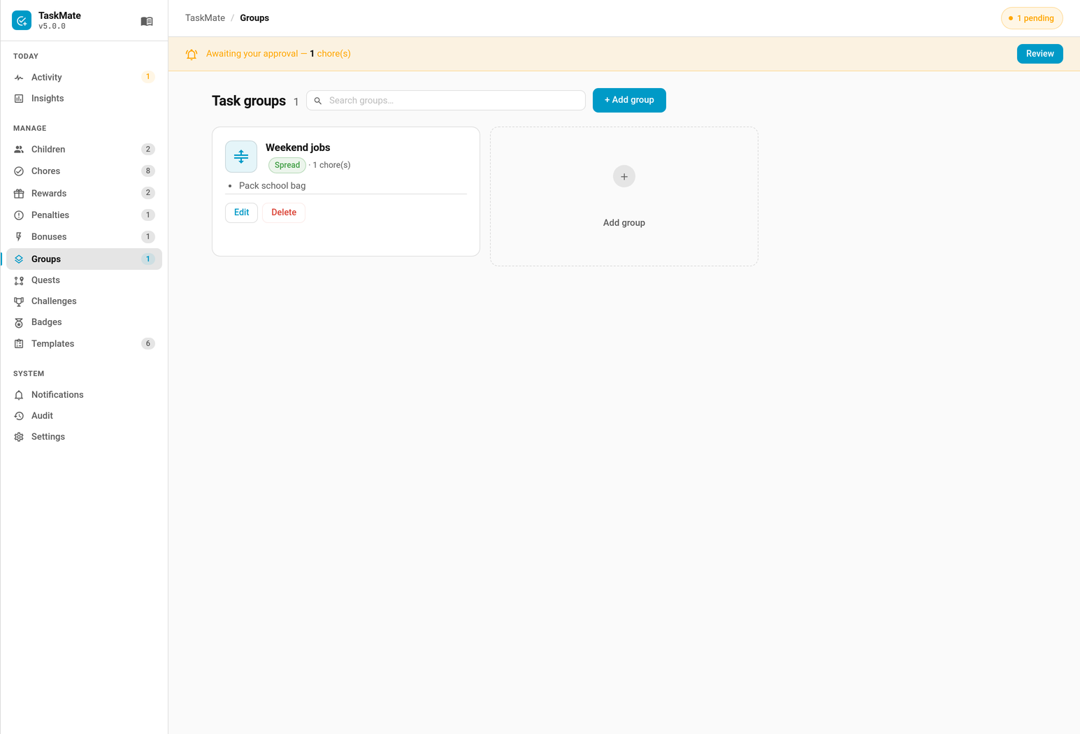 The Task groups tab