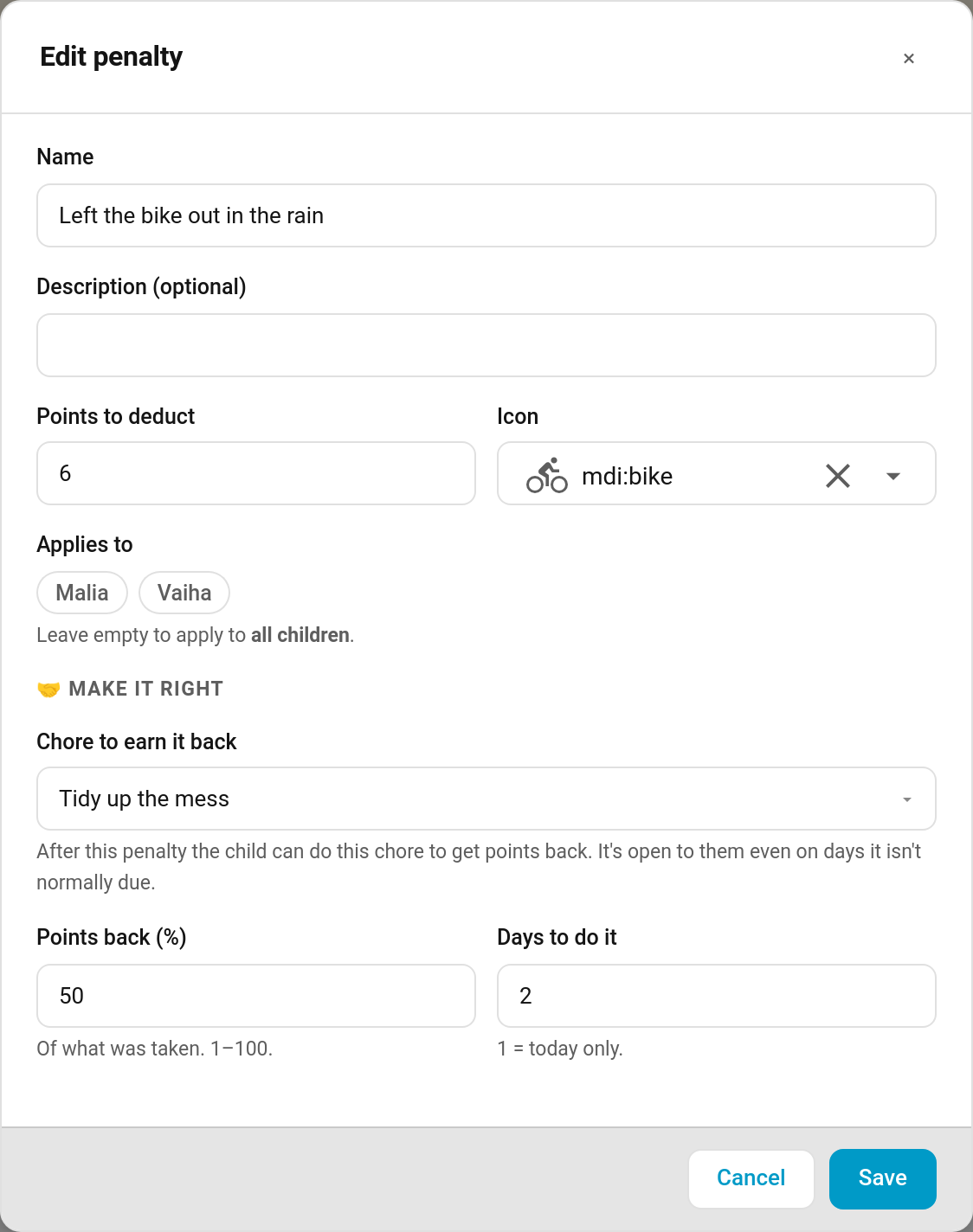 The Make it right fields in the penalty editor