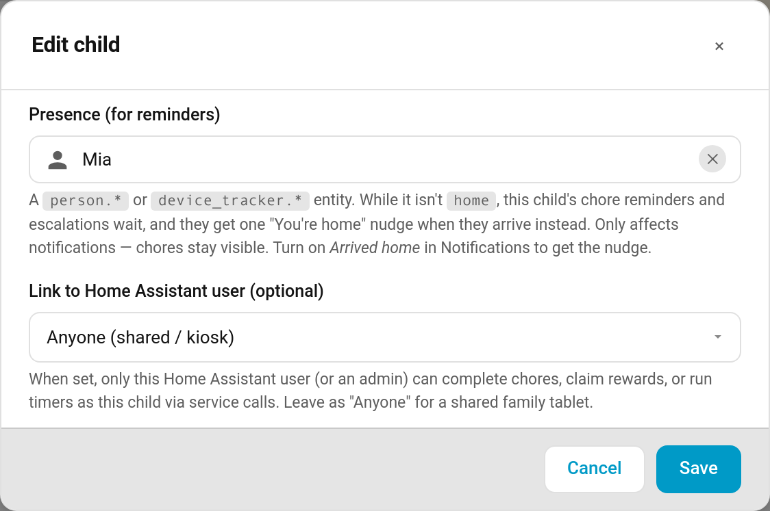 The Presence (for reminders) field in the child editor, linked to a person entity