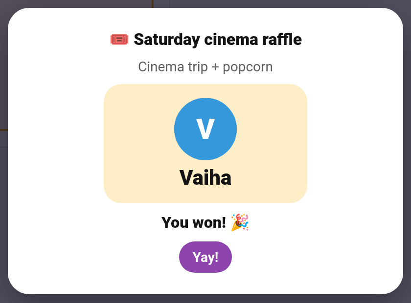 The winner revealed on the Raffles card