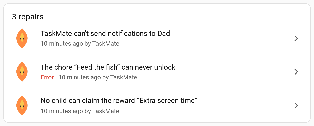 TaskMate repairs in Settings → Repairs