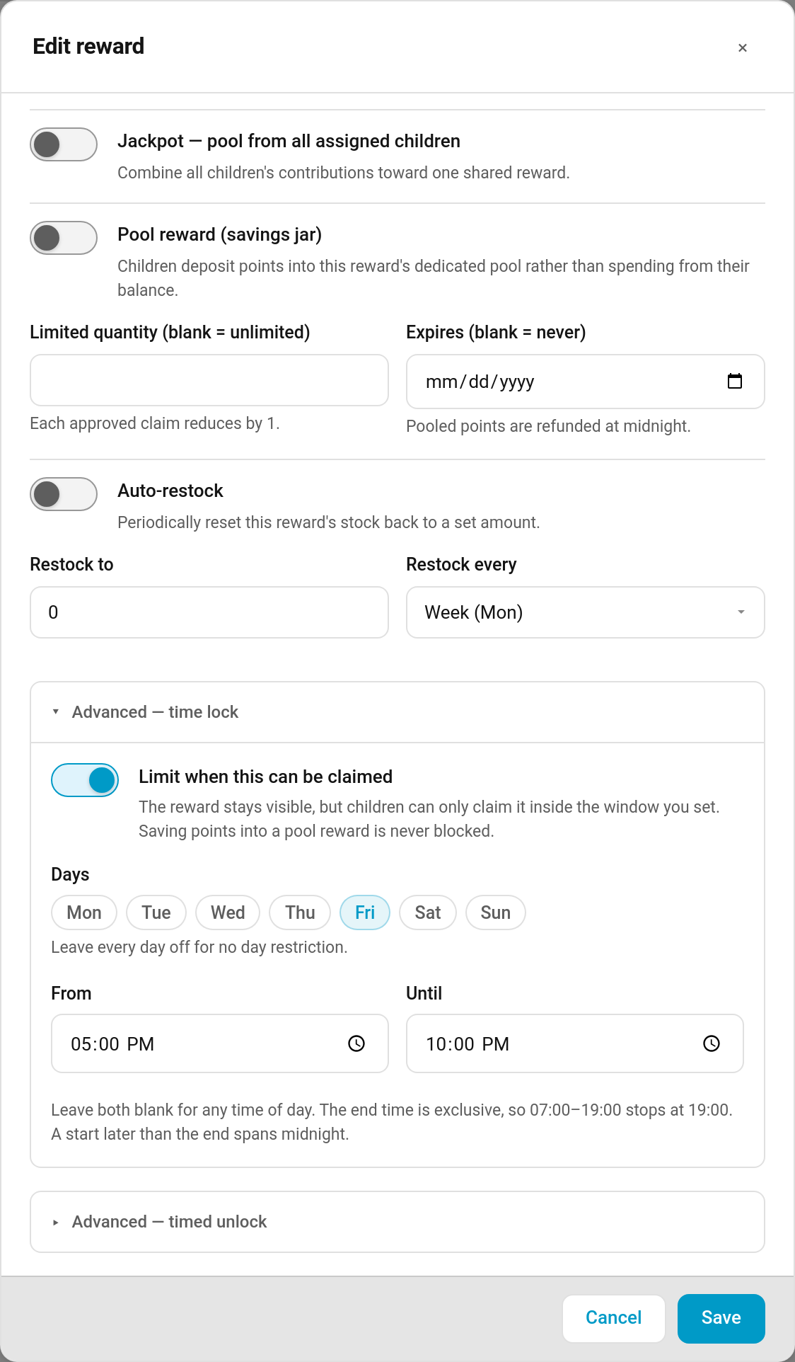 The time lock section of the reward editor