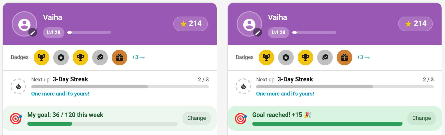The weekly goal on the child card, on the way and reached