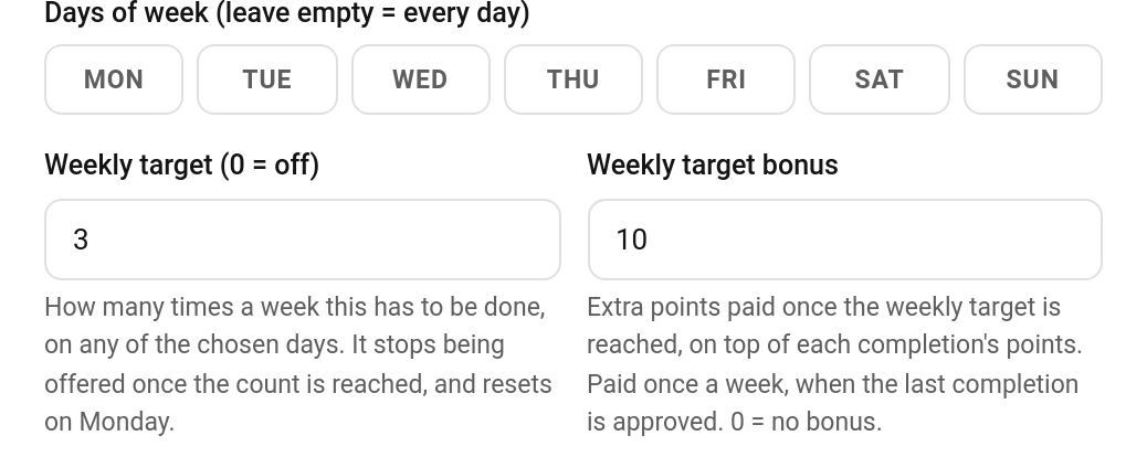 The Weekly target and Weekly target bonus fields in the chore editor