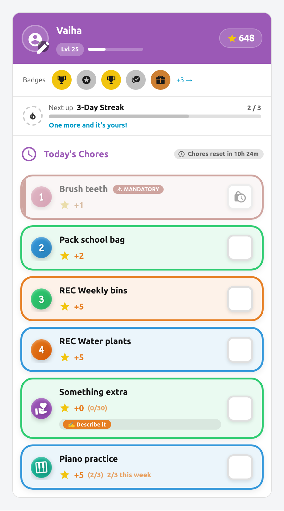 A chore with a weekly target, showing progress on the child card